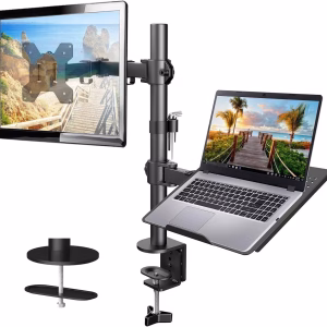 HUANUO Adjustable Monitor Arm with Laptop Tray, Single Desk Mount for 13-32" VESA Monitors up to 22 lbs, 14" x 12" Laptop Trayby HUANUO