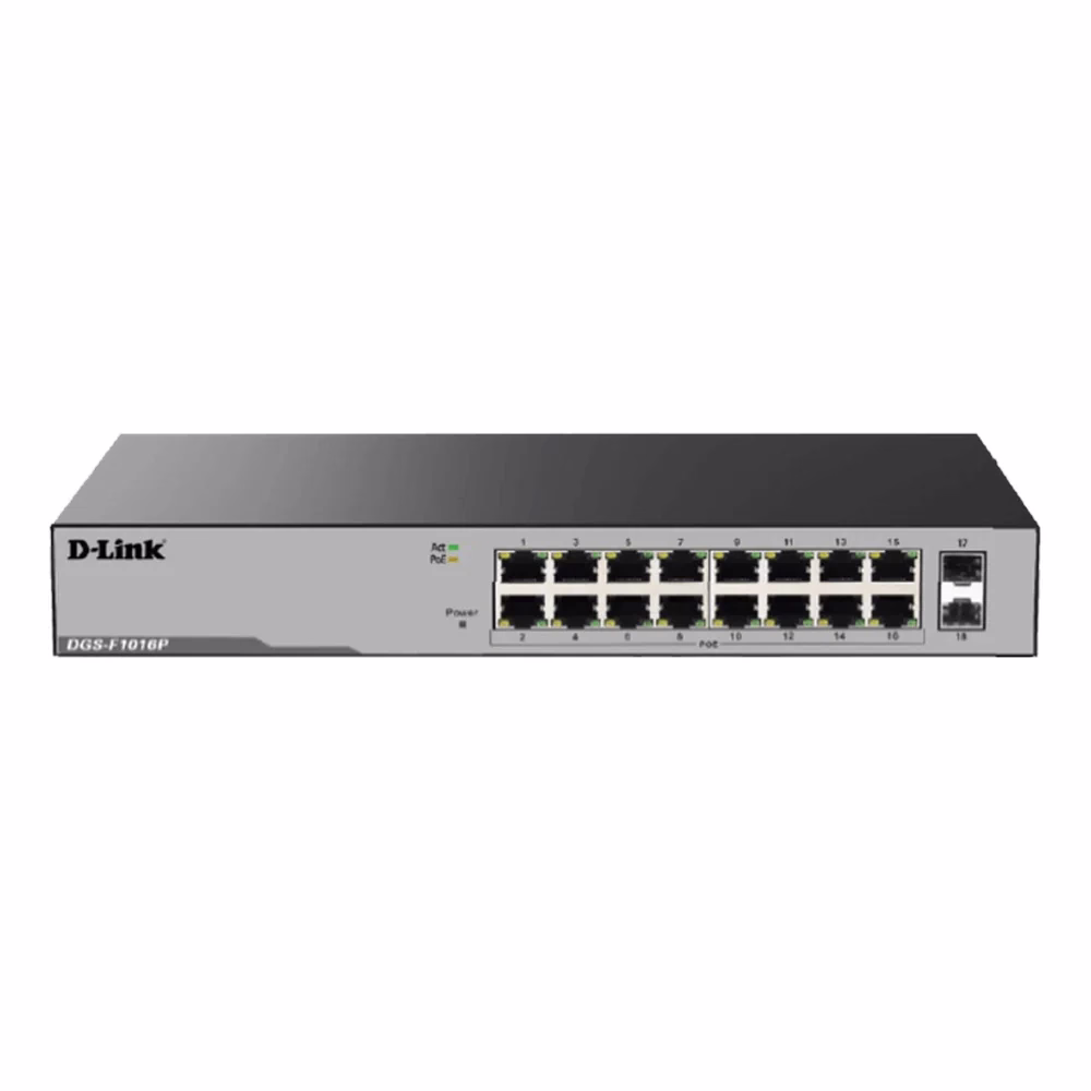 D-Link 18-Port Gigabit PoE Unmanaged Switch, 16 x PoE Ports, 2 x Gigabit SFP Slots, 150W Power Budget, Fanless, 1 Year Warranty | DGS-F1016P